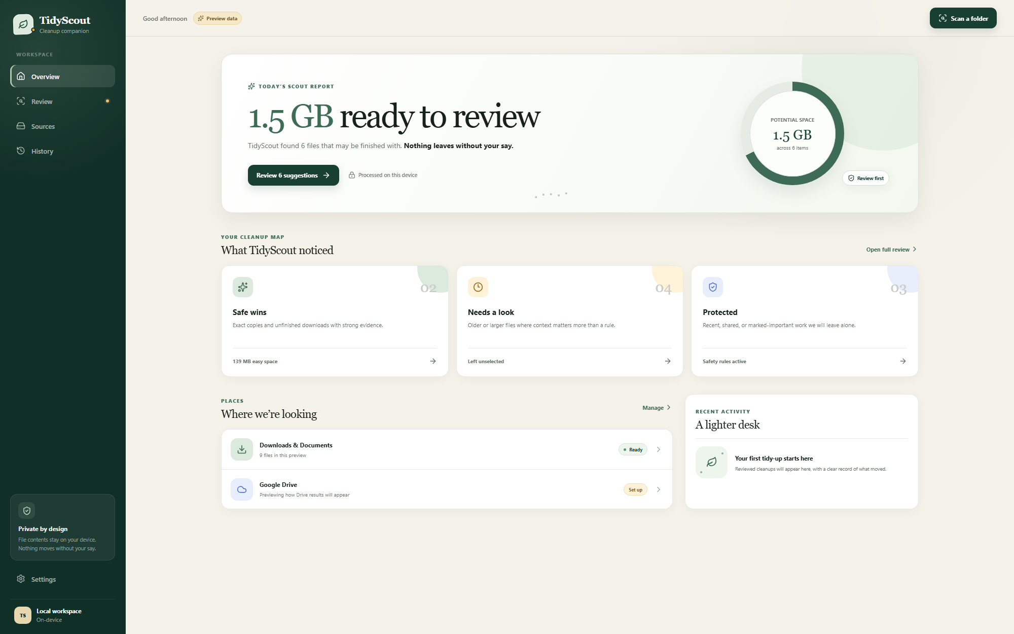 TidyScout overview screen showing 1.5 GB of files ready to review